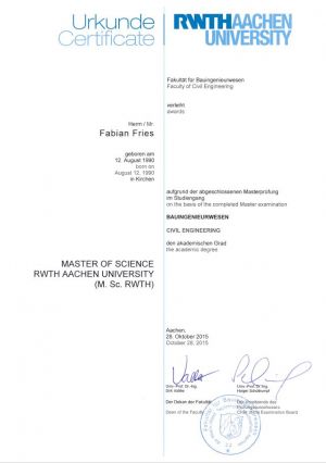 Masterurkunde Bauingenieurwesen Fabian Fries